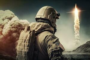 Soldier in front of a ballistic missile launch. Neural network AI generated photo