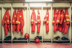Locker room of a fire department with protection uniforms and helmets. Neural network AI generated photo