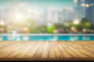 Empty wooden table in front with blurred background of swimming pool. Neural network AI generated photo