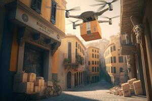 drone delivery delivering big brown post package into urban city. Neural network AI generated photo