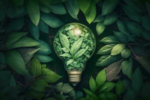 ligero bulbo en contra naturaleza en verde hojas energía fuentes para renovable, sostenible desarrollo. ecología concepto. neural red ai generado foto