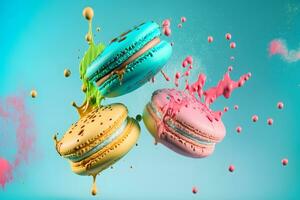 Colorful macarons with sugar powder explosion moment on blue background. Neural network generated art photo