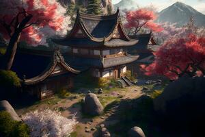 Oriental landscape with japanese traditional building close to river and cloudy mountains in time of sakura blossom. Neural network generated art photo