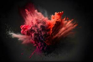 Explosion of red color paint powder on black background. Neural network generated art photo