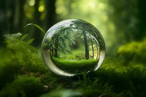 Crystal ball on green grass with reflection of green vegetation inside. Neural network generated art photo