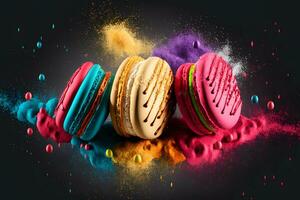 Colorful macarons with sugar powder explosion moment on black background. Neural network generated art photo