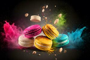 Colorful macarons with sugar powder explosion moment on black background. Neural network generated art photo