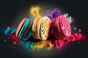 Colorful macarons with sugar powder explosion moment on black background. Neural network generated art photo