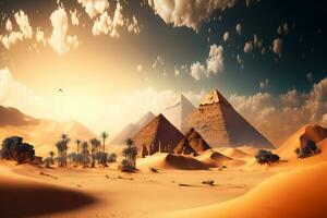 Great pyramids from Giza, Egypt in sunny daytime. Neural network generated art photo