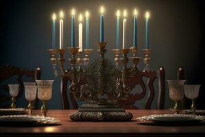 Hanukkah menorah on jewish traditional festive table. Neural network generated art photo