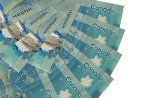 5 Canadian dollars bills lies isolated on white background with copy space stacked in fan shape close up photo