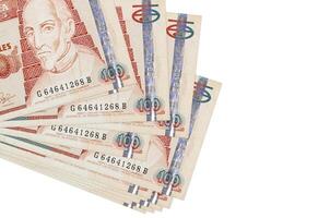 100 Guatemalan quetzales bills lies in small bunch or pack isolated on white. Mockup with copy space. Business and currency exchange photo