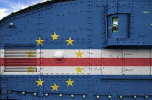 Cabo verde flag depicted on side part of military armored tank closeup. Army forces conceptual background photo