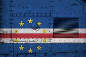 Cabo verde flag depicted on side part of military armored tank closeup. Army forces conceptual background photo