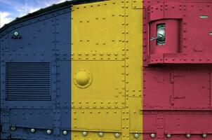 Chad flag depicted on side part of military armored tank closeup. Army forces conceptual background photo