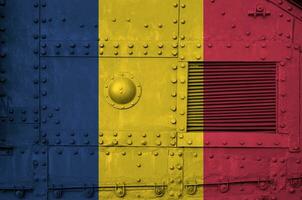Chad flag depicted on side part of military armored tank closeup. Army forces conceptual background photo