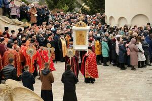 TERNOPIL, UKRAINE - APRIL 2, 2023 Many people during mission in complex of Ukrainian Jerusalem in the Mari spiritual center of Zarvanytsia In the Terebovlya district of the Ternopil photo