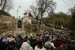 TERNOPIL, UKRAINE - APRIL 2, 2023 Many people during mission in complex of Ukrainian Jerusalem in the Mari spiritual center of Zarvanytsia In the Terebovlya district of the Ternopil photo