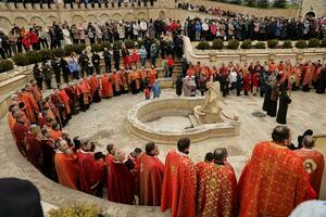 TERNOPIL, UKRAINE - APRIL 2, 2023 Many people during mission in complex of Ukrainian Jerusalem in the Mari spiritual center of Zarvanytsia In the Terebovlya district of the Ternopil photo