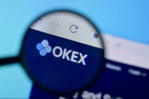 Homepage of okex website on the display of PC, url - okex.com. photo