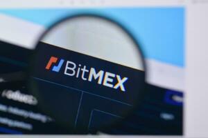 Homepage of bitmex website on the display of PC, url - bitmex.com. photo