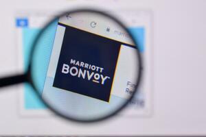 Homepage of marriot bonvoy website on the display of PC, url - marriott.com. photo