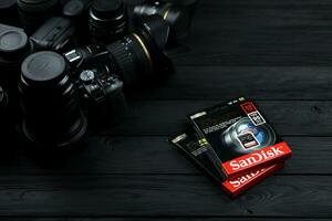 KHARKOV, UKRAINE - JANUARY 12, 2021 SanDisk Extreme pro sdhc 32gb new memory card for photo and video recording devices