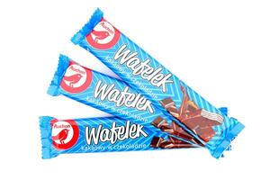 KHARKOV, UKRAINE - JANUARY 3, 2021 Wafelek chocolate wafer product by Auchan, a French multinational retail group in Croix, France photo