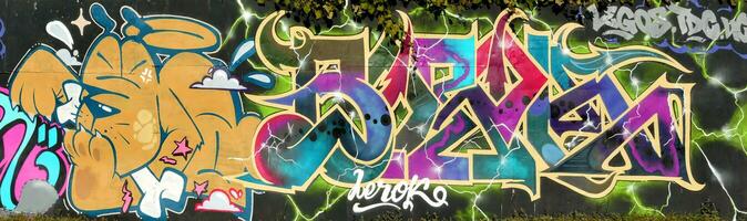 Colorful background of graffiti painting artwork with bright aerosol strips on metal wall photo