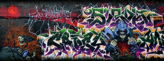 Colorful background of graffiti painting artwork with bright aerosol strips on metal wall photo