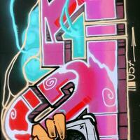 Colorful background of graffiti painting artwork with bright aerosol strips on metal wall photo