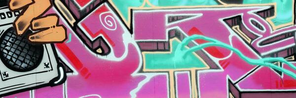 Colorful background of graffiti painting artwork with bright aerosol strips on metal wall photo