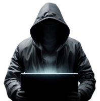 Hacker with laptop hacking computer system isolated on transparent background png