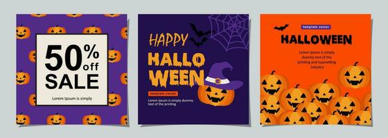 Halloween banners set, party invitation background with clouds, bats and pumpkins in flat design for banner, cover, printing and social media post. Vector illustration.