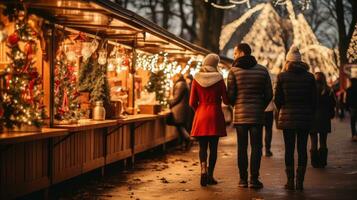 Festive holiday markets and shopping scenes photo