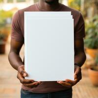 Content marketing. Hands holding a white empty paper photo