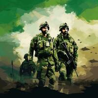Pakistán Ejército soldados con pistolas en pie en frente de un verde antecedentes foto