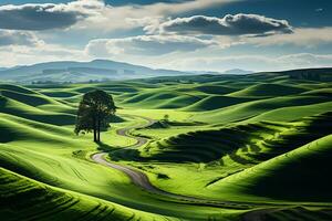 un campo con verde césped y laminación sierras. ai generativo foto