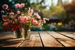 un de madera mesa con primavera flores y verde césped. ai generativo foto