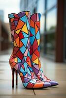 Graphic printed neon multi colored knee high stiletto boots. AI generative photo