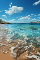 a serene gold coast beach stretches as far as the eye can see, its golden sands meeting the crystal. AI generative photo