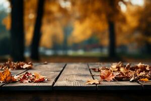 Picture of fall leaves on a wooden table in the forest. AI generative photo