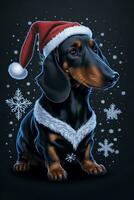 black dachshund in santa hat on dark background christmas artwork photo