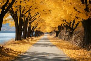 gingko avenida en otoño, gingko arboles por el río, dorado en color. ai generativo foto