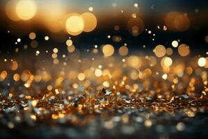 Out of focus background, bokeh, gold color, sparking blight. AI generative photo