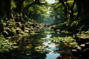 el corriente debajo el grande árbol es claro a el abajo. ai generativo foto