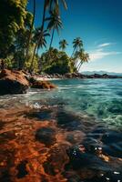 a paradisiacal beach, with the sun centered at the highest point in the sky, and some palm trees. AI generative photo