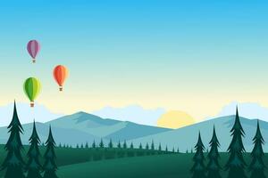Colorful hot air balloons flying over mountain landscape. Green meadows and trees illustration. vector