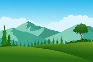 Mountains landscape with green meadows and trees in the morning. Vector illustration.