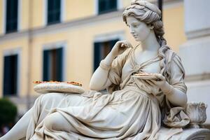 Marble Ancient woman greek statue eats pizza in the city photo